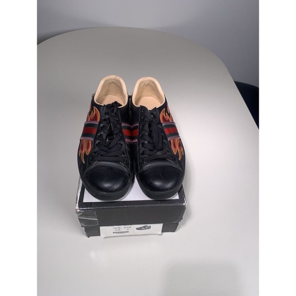 Gucci Ace Embroidered?Sneakers Flame?Black Red Green Orange Men\'s Size 11